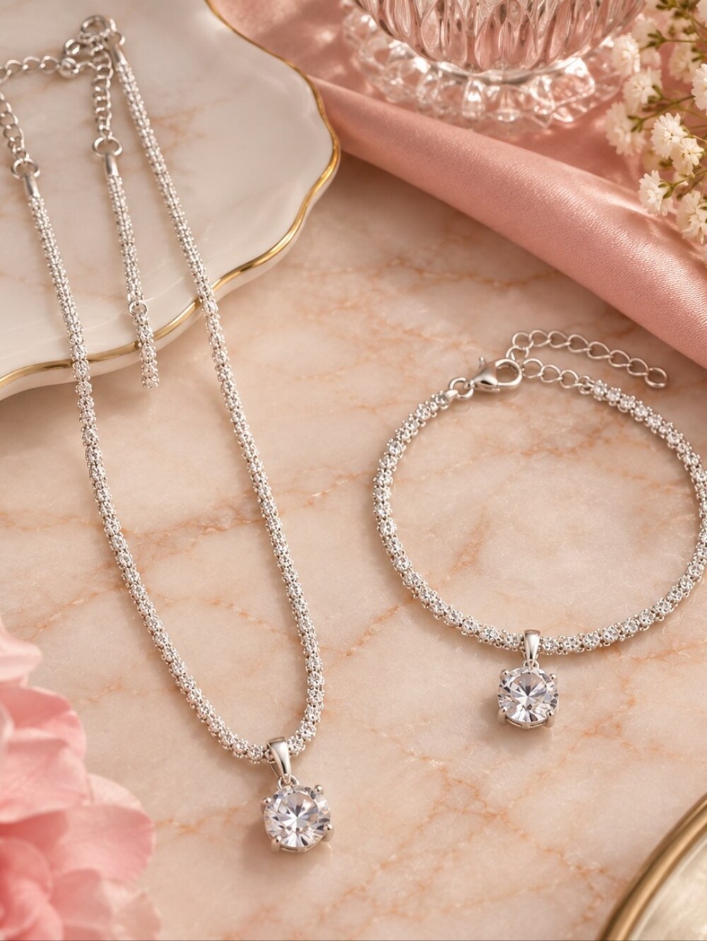 Crystal Glow 925 Sterling Silver Necklace and Bracelet Set